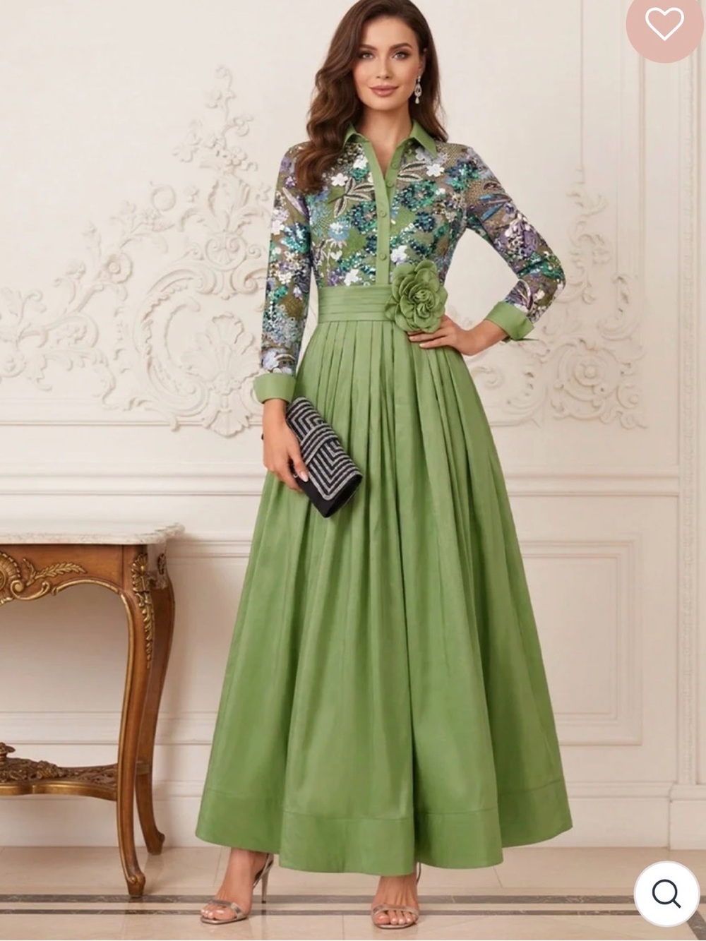Elegant Green Floral Bodice Maxi Dress with Pleated Skirt
